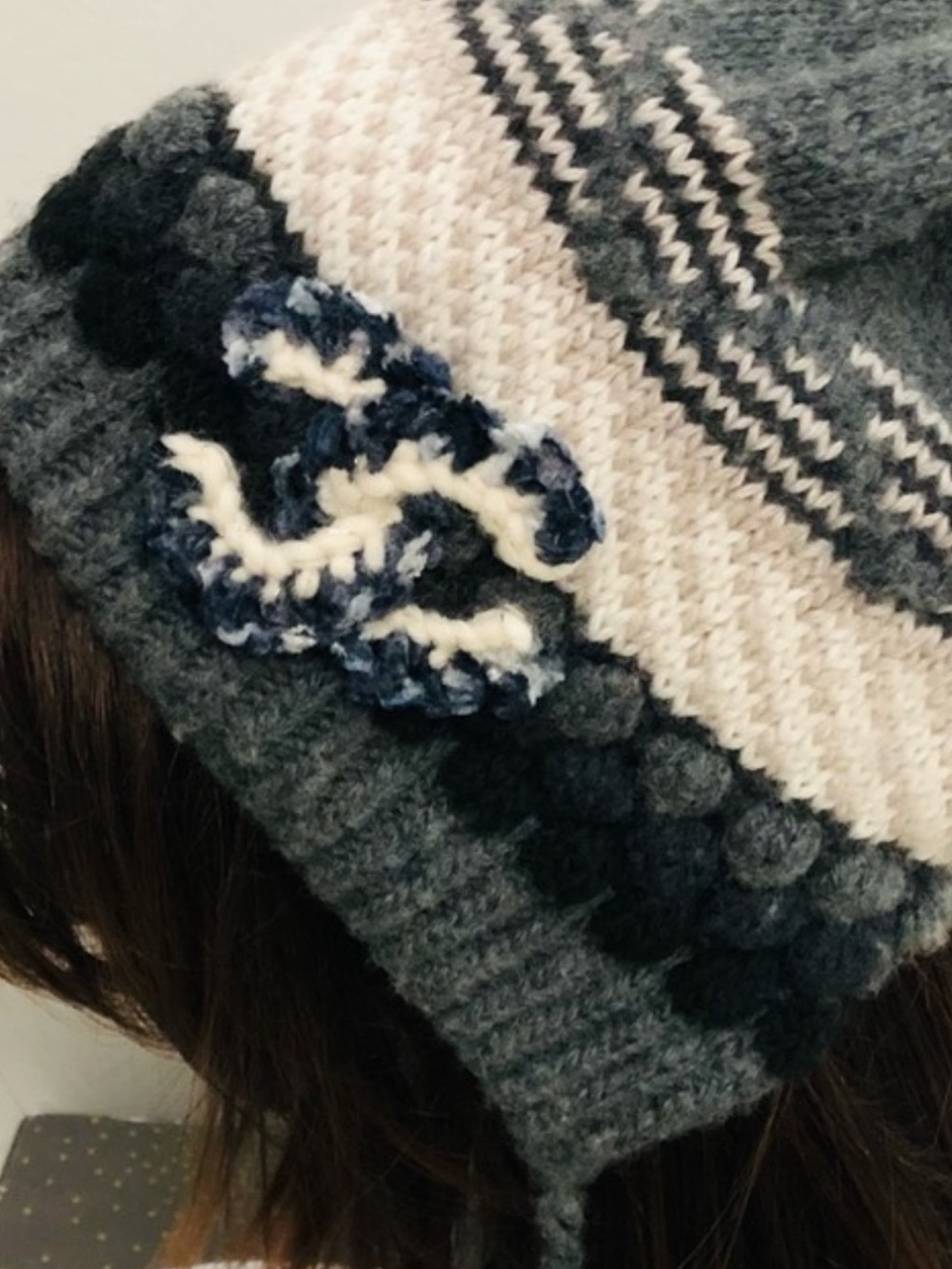 CC (Chanel) Kids Gray Knit Earflap Beanie with Navy & White Accent
